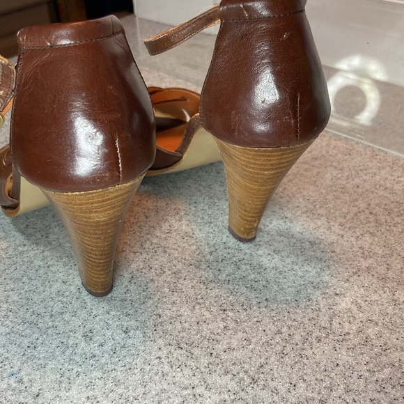 Vintage 80’s Brass Plum Shoes size 5 brown leather ankle strap wood stack heels - Picture 4 of 6